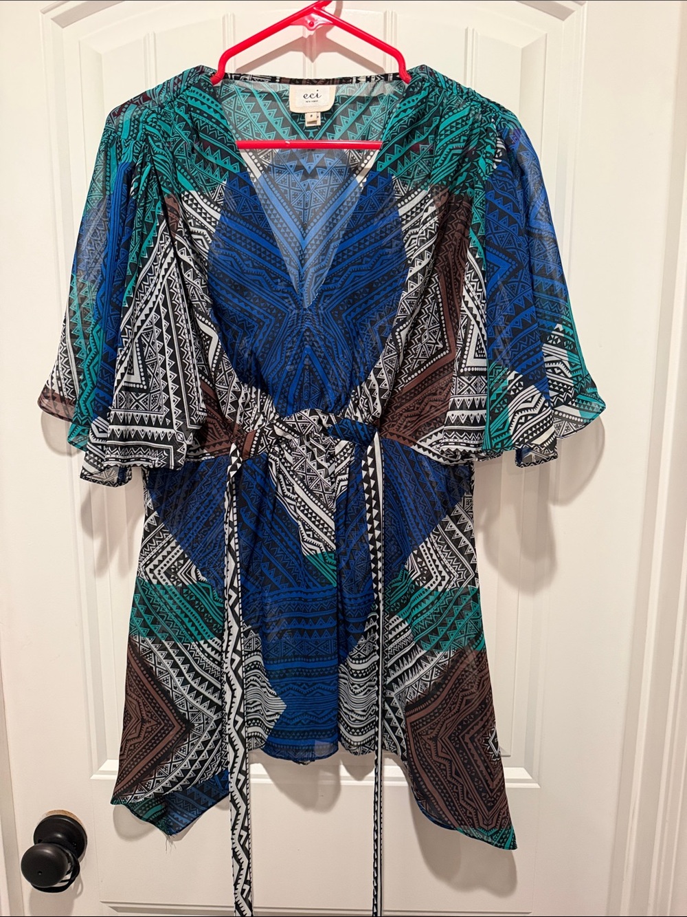 Blue & Teal Printed V-Neck Wrap Dress